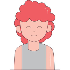 Close up of a young person with curly pink hair wearing a gray tank top smiling with eyes closed isolated on a white background with subtle shadow
