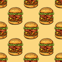 Seamless burger pattern with melting cheese in cartoon style