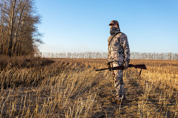 hunter with a gun walks across a field in autumn hunting season