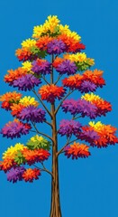Stylized representation of a tall tree showcasing vibrant, multi-colored foliage against a clear sky