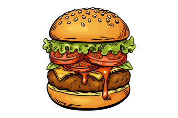Juicy cartoon burger with lettuce tomato and cheese in vintage style
