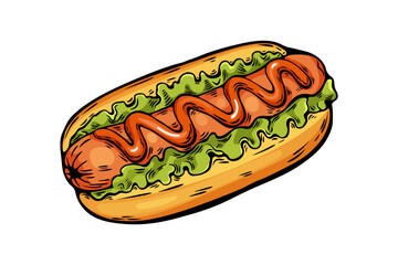 Hot dog with mustard and lettuce in vintage hand drawn cartoon style