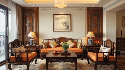 Fototapeta premium Elegant Chinese-style living room: dark wooden furniture with orange cushions, blue-and-white porcelain lamps, landscape artwork, and intricate woodwork. Warm tones and traditional details create a re