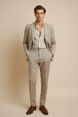 Full-body shot of a man wearing linen suit with unbuttoned shirt collar, standing against soft cream backdrop. Natural pose and matte finish lighting create relaxed yet luxurious tone