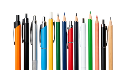 Collection of colorful pens and pencils arranged in a studio setting for creative use