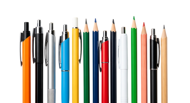 Collection of colorful pens and pencils arranged in a studio setting for creative use