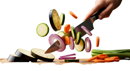 Chef chopping fresh vegetables in mid-air for culinary creation