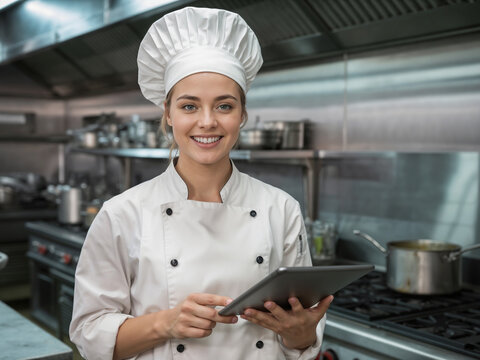 Smiling young female chef holding tablet in Industrial kitchen