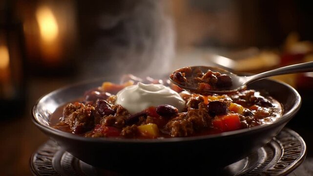 Close up shot of a bowl of chili with sour cream and a spoon food concept