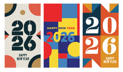 Modern Geometric Happy New Year 2026 Poster Set with Bold Typography Vector Illustration