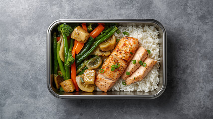 Overhead shot of stainless lunchbox containing mixed rice, steamed vegetables, and grilled fish slices. Subtle color palette, realistic texture detail, and tidy composition. Ideal