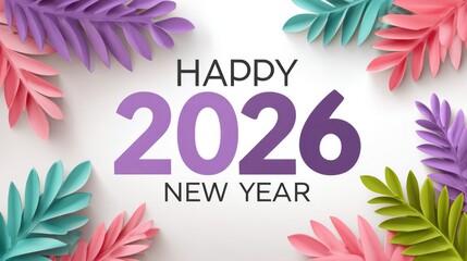 Colorful modern holiday poster design for happy new year 2026 celebration featuring vibrant typography and tropical leaf elements for seasonal greetings and festive decor