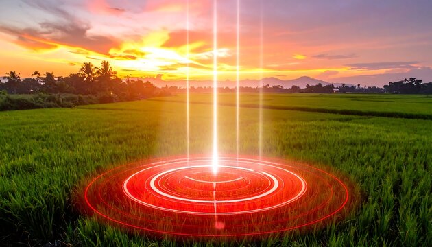 Glowing energy rings illuminate green field, radiating upwards at dusk beneath a vibrant sky of orange and yellow hues