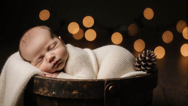Cozy festive atmosphere features a newborn sleeping in a wooden basket. Soft bokeh lights create a warm and magical background.