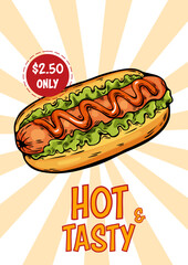 Hotdog poster in pop art style with price and retro rays