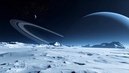Frozen alien landscape under a ringed gas giant and distant moon, bathed in cool blue light against a starry backdrop