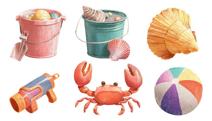 Colorful Summer Beach Objects Including Buckets, Seashells, Crab, and Beach Ball