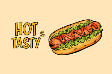 Hot dog food banner in pop art cartoon vector style