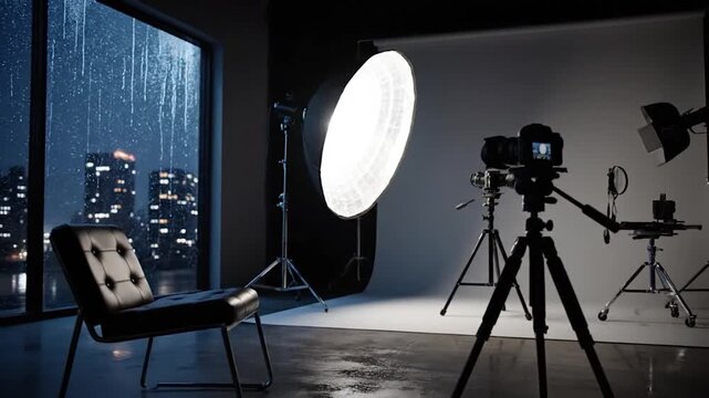 A modern studio with photography equipment. Rain streaks across a window with city lights