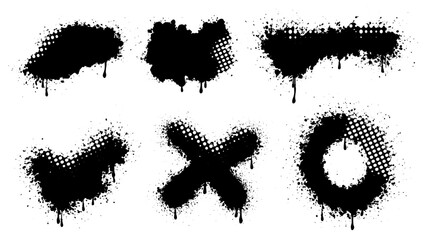 Set of six black spray paint splatter vector elements with dripping ink, halftone dots, and urban graffiti style including check mark, X, circle, and abstract shapes © Graphic Resources