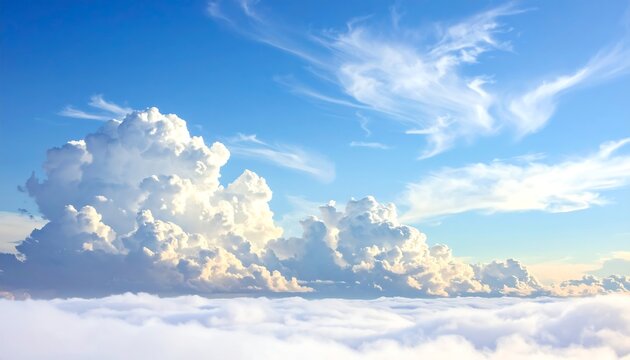 Fluffy cumulus clouds drift above a lower blanket of white clouds against a bright blue sky - Powered by Adobe