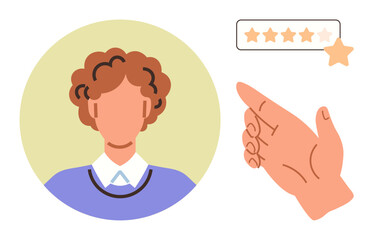 Male user avatar in circle next to a five-star rating system with a hand selecting the fifth star. Ideal for feedback, customer satisfaction, evaluation, quality, user rating, trust, service. Simple