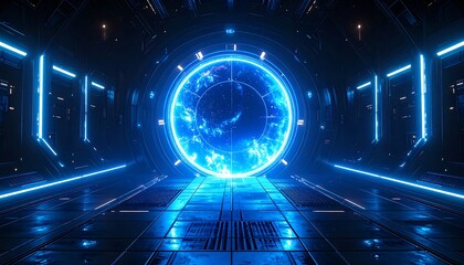 Futuristic portal Glowing blue energy core within a dark, metallic tunnel, reflecting light on the gridded floor