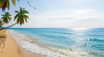 Tropical beach with palm trees and turquoise water on a sunny day.