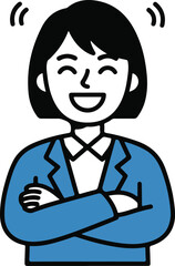 Woman in blue jacket with arms crossed smiling with wavy lines above head person female