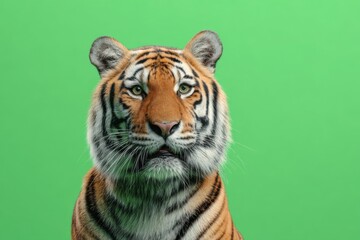 Obraz premium Cute Bengal tiger portrait isolated on green color background. Funny tiger in front looking at camera. Space for text. Angry Sumatran tiger on studio backdrop. Wildlife. Wild animals. Panthera Tigris