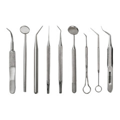 Collection of professional dental instruments prepared for treatment and examination