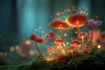 Enchanted mushroom fairy ring illuminated by magical lights in a mystical forest with glowing caps, captivating a surreal and dreamlike atmosphere.