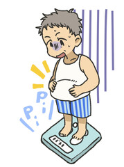 体重計に乗る男性（漫符つき）