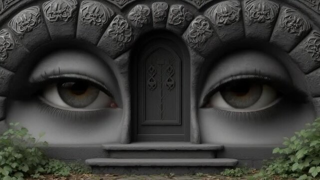 Fantasy world architecture and mystical symbolism in art design, Fantasy eye gate in royal castle, mystical eye gate fantasy architecture, surreal fantasy eye gate design.
