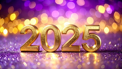 Gold '2025' on glittery purple/gold, bokeh background, signifying future year and hopeful anticipation