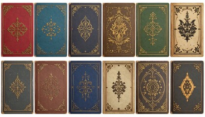 Group of ornate, old-fashioned, decorative book covers in various colors with gold embellishments, arranged in rows