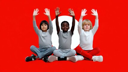 Diverse children joyfully interacting against vibrant red background