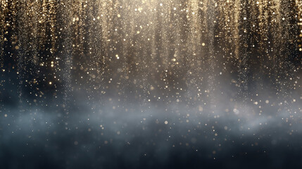 Golden Glitter and Light Cascade on Dark Stage with Mystical Smoke Fog Background