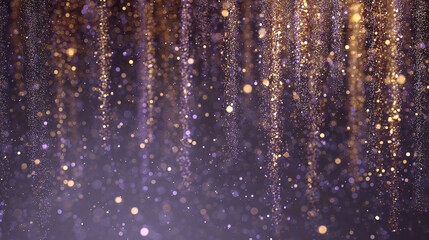 Opulent Gold and Lavender Glitter Cascade with Soft Bokeh on Purple Background