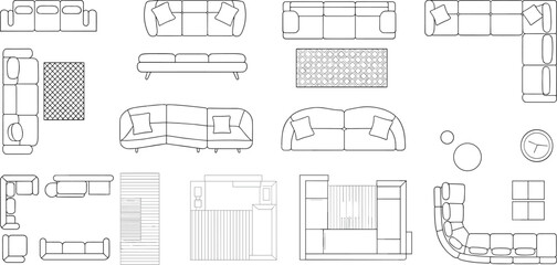 Modern sofa top view set, living room furniture layout, sectional couch and rug plan, contemporary interior design blueprint, home seating arrangement, architecture drawing illustration