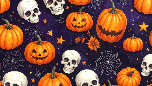 Halloween pattern featuring grinning pumpkins, skulls, cobwebs, and stars against a dark, mottled background