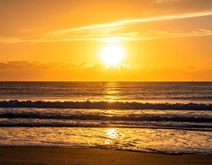 Golden Sunrise Over the Ocean Waves with Reflected Sunlight and Coastal Horizon at Dawn in Tranquil Coastal Scenery