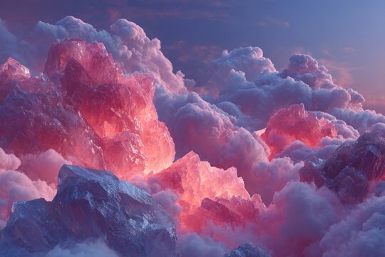 A surreal landscape featuring vibrant rose quartz crystals and soft, billowing clouds under a pastel sky, creating a dreamlike, otherworldly atmosphere.