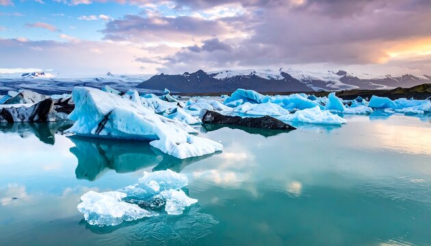 Glacial icebergs float in tranquil water with snowy mountains and a cloudy sky backdrop at dusk
