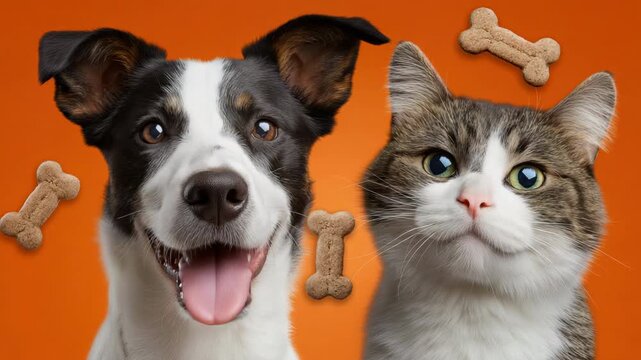 Energetic dog and curious cat interact against vibrant orange background with floating treats