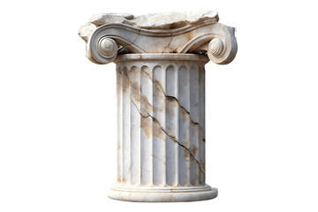 Weathered ancient Ionic column capital showing age with cracks, damage, and brown patina staining, isolated on a transparent background