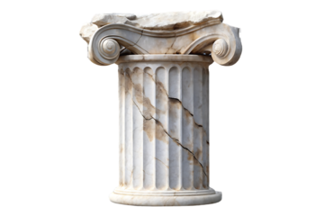 Weathered ancient Ionic column capital showing age with cracks, damage, and brown patina staining, isolated on a transparent background