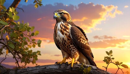 Majestic hawk perches on a branch against a colorful sunset backdrop, blending power with serenity