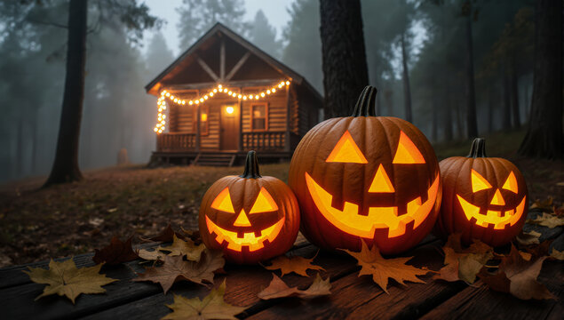 Three glowing jack o lanterns in misty woods. The crisp details on the pumpkin glow make this image perfect for holiday brands.