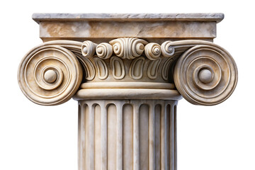 Detailed close-up view of ornate Ionic capital showing circular volute scrolls and decorative patterns, isolated on a transparent background